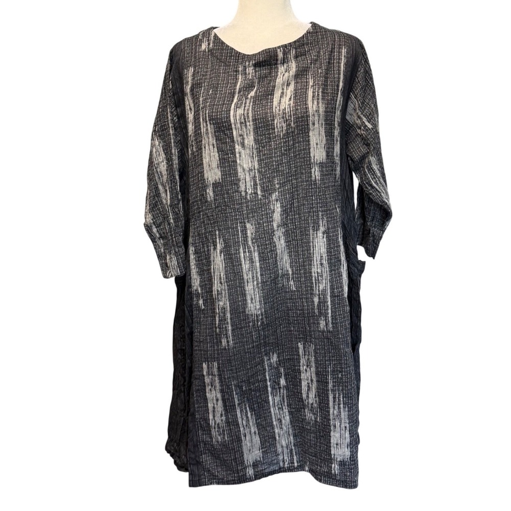 Mao Mam Tunic Dress Womens OS Grey Ikat Textured Cotton‎ Blend Pockets Lagenlook